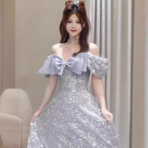 Polyester Long Evening Dress large hem design & tube Sequin patchwork Solid light blue PC