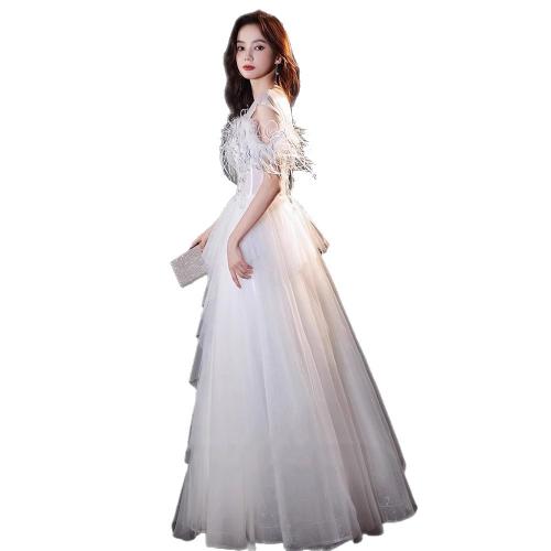 Polyester Slim Long Evening Dress large hem design patchwork Solid white PC