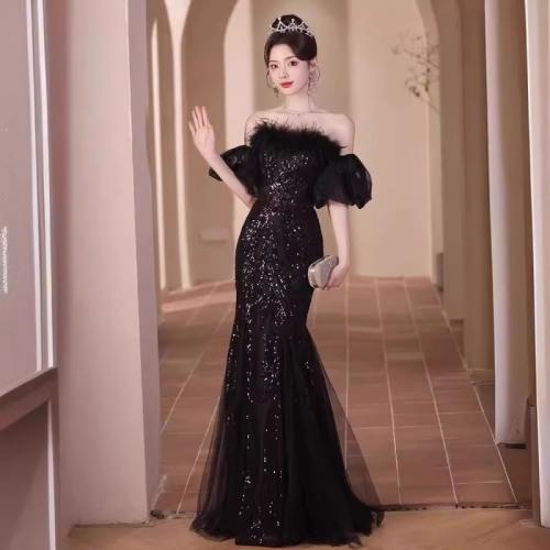 Polyester Mermaid Long Evening Dress & tube Sequin patchwork Solid black PC