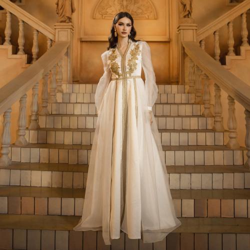 Polyester Long Evening Dress large hem design Gauze white PC