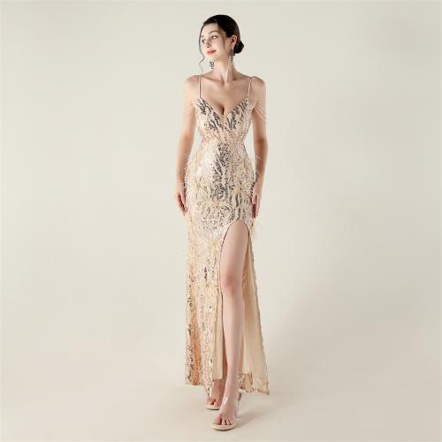 Polyester Slim Long Evening Dress side slit embroidered feather :XXL PC