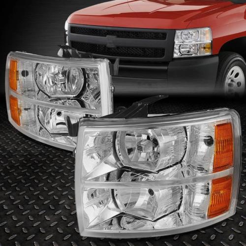 For 07-14 Chevy Silverado 1500 2500HD 3500 Headlight Assembly Pair Chrome/Amber