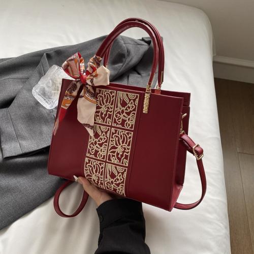 PU Leather Handbag contrast color & embroidered red PC
