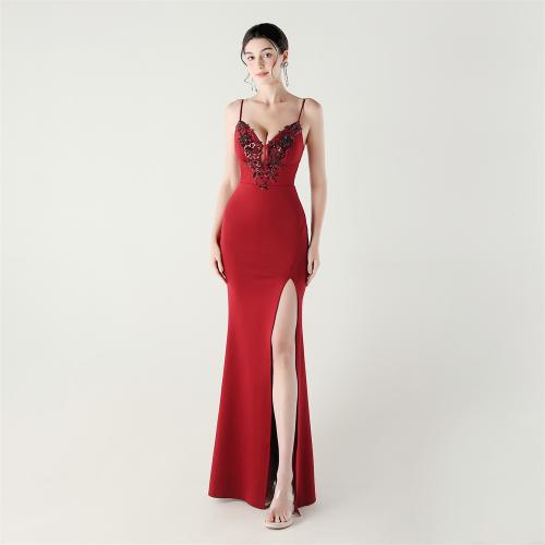 Knitted & Polyester Slim Long Evening Dress side slit printed floral PC