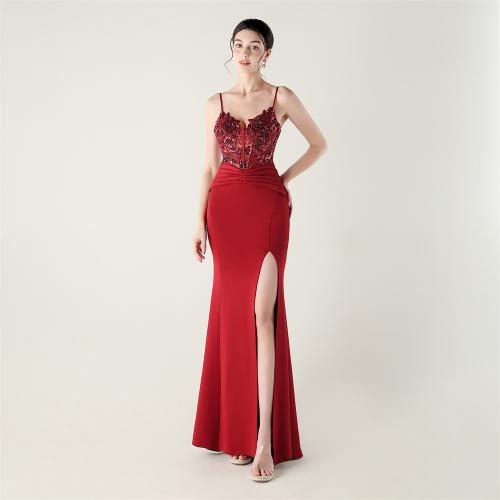 Polyester Waist-controlled & Soft & Slim Long Evening Dress side slit embroidered floral PC