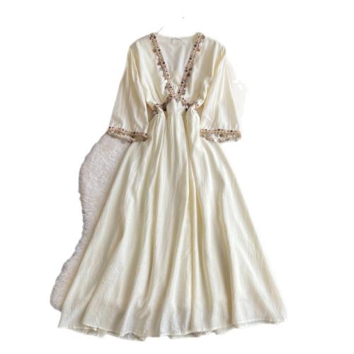 Polyester Waist-controlled & High Waist One-piece Dress beige PC