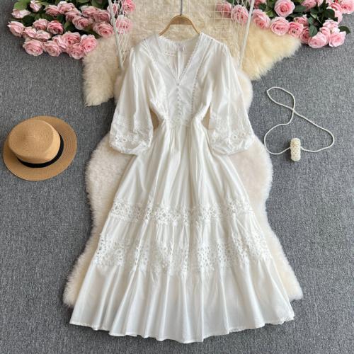 Polyester Waist-controlled & High Waist One-piece Dress & hollow white PC