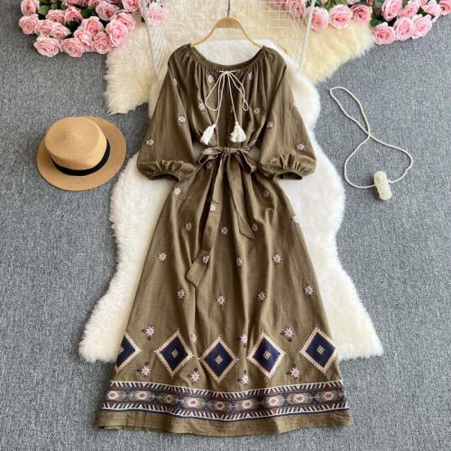 Cotton Linen Waist-controlled One-piece Dress embroidered PC