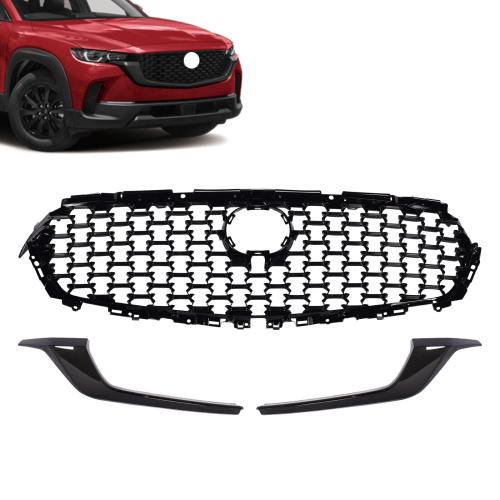 Front Upper Grille And Molding Trims Gloss Black Set For Mazda CX-50 2023-2024