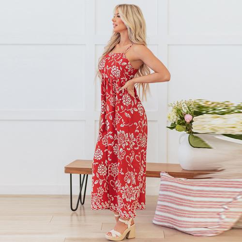 Polyester High Waist One-piece Dress red PC