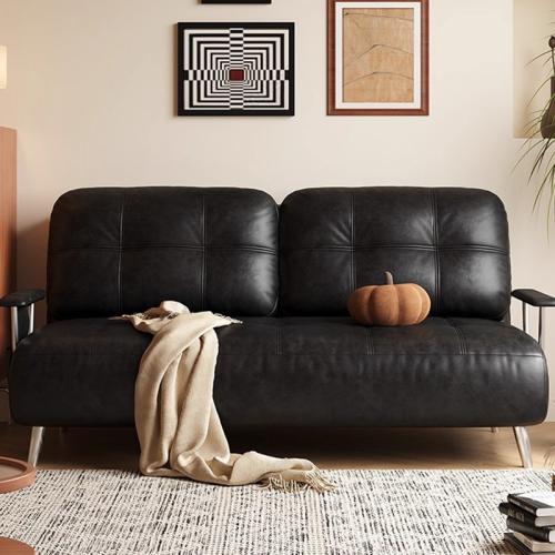 Waxed Leather & Stainless Steel & Sponge adjustable & Soft Sofa Bed Solid black PC