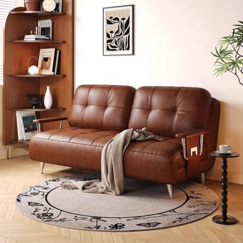 Waxed Leather & Stainless Steel & Sponge & Wood adjustable & Soft Sofa Bed Solid brown PC