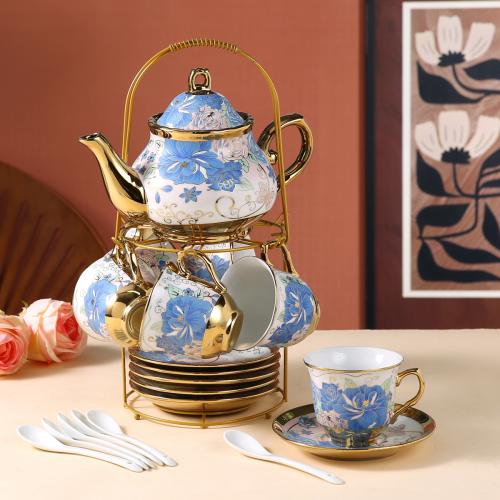 Ceramics & Iron Tea Set multiple pieces Teapot & dish & cups & Spoon floral blue and pink Set