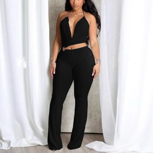 Polyester Halter Long Jumpsuit & hollow Solid Set