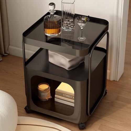 Toughened Glass & Carbon Steel Multifunction Side Table with caster & dustproof Solid PC