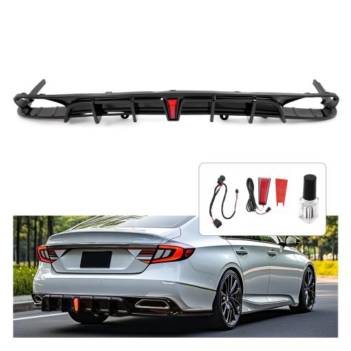 Rear Black Bumper Diffuser Lip Spoiler & Light For Honda Accord  2018-2022