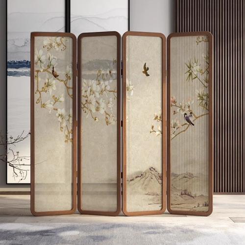 Solid Wood & Natural Silk foldable Floor Screen floral PC
