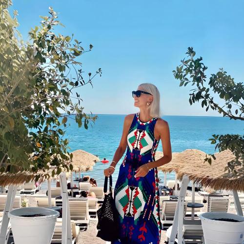 Polyester Slim One-piece Dress printed blue PC