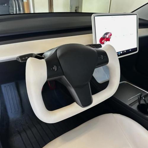 Yoke Steering Wheel For Tesla Model 3 Model Y 16-24 with Heated White Leather
