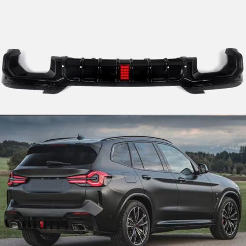 Rear Bumper Diffuser Lip For 2022-24 BMW X3 M40i G01 LCI W/LED Light Gloss Black