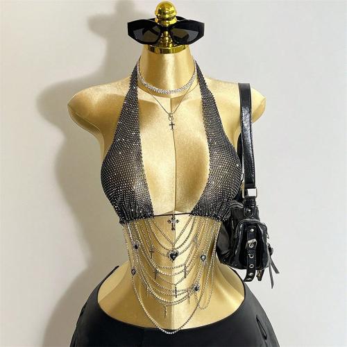 Rhinestone & Gauze Slim Camisole backless black PC
