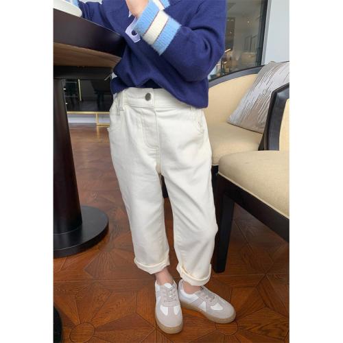 Cotton Denim Girl Casual Pant Solid Apricot Pair