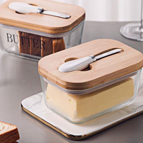 Lead-free Glass & Bamboo retain freshness Butter Box tight seal & dustproof PC