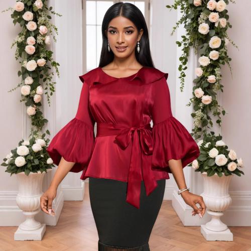 Polyester Waist-controlled Women Long Sleeve Blouses wine red PC