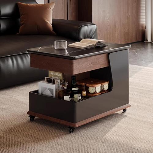 Sintered Stone & Wooden 360degree rotation Side Table with caster & adjustable Stainless Steel PC