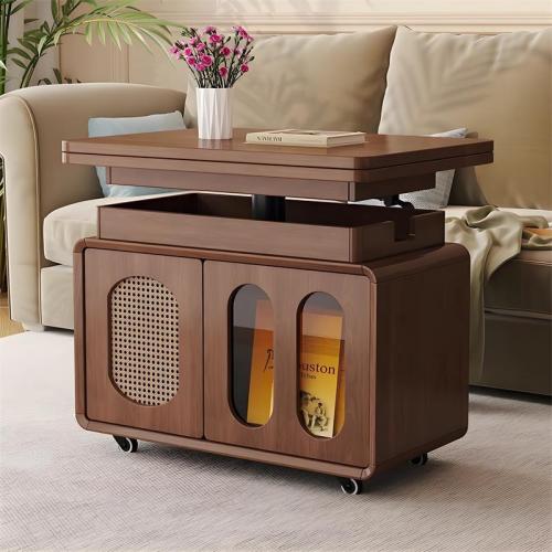 Particle Board Tea Table with caster & adjustable Rattan PC