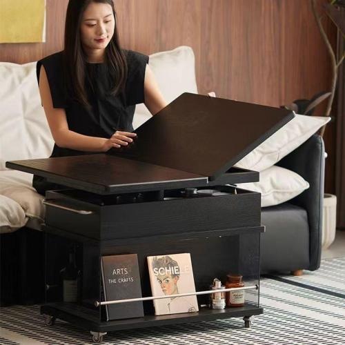 Solid Wood foldable & Multifunction Tea Table with caster & adjustable black PC
