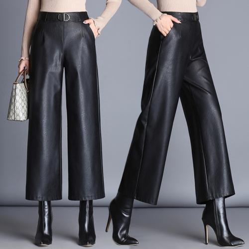PU Leather Nine Point Pants Wide Leg Trousers fleece black PC