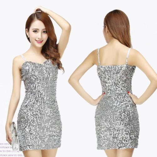 Polyester Slim Slip Dress backless Sequin patchwork Solid : PC