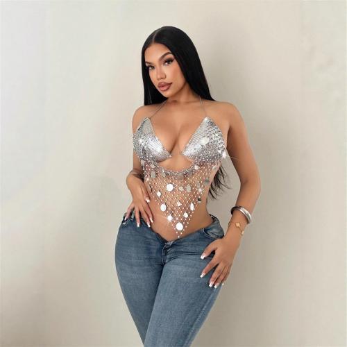 Sequin & Polyester Slim Tank Top slimming & backless silver PC