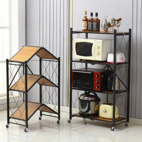 Wooden & Carbon Steel Kitchen Shelf with caster brown PC
