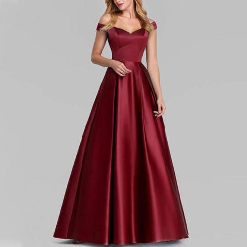 Polyester Slim Long Evening Dress large hem design & off shoulder patchwork Solid PC