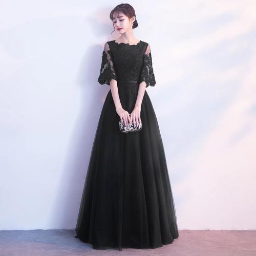 Polyester Slim Long Evening Dress large hem design patchwork Solid PC