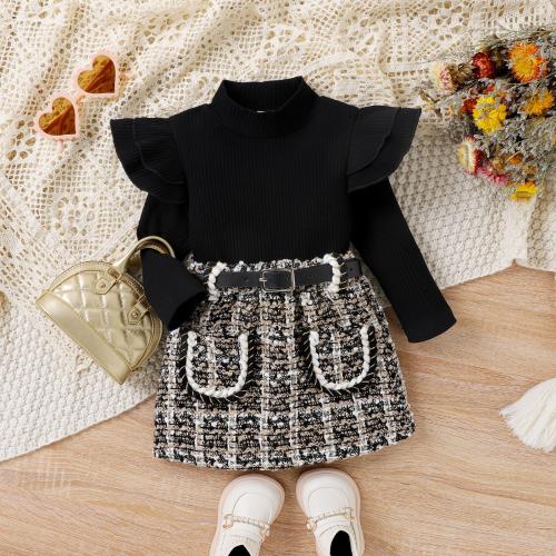 Cotton Girl Clothes Set & two piece Cotton skirt & top black Set