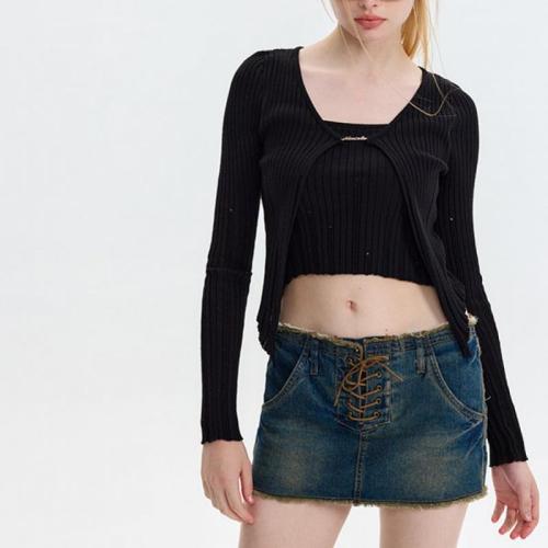 Viscose & Nylon & Polyester Slim Women Long Sleeve Blouses midriff-baring & fake two piece knitted Solid PC