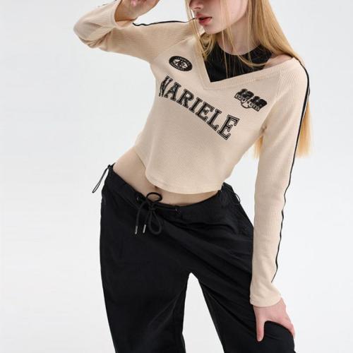 Polyester & Cotton Slim Women Long Sleeve T-shirt midriff-baring & fake two piece printed PC