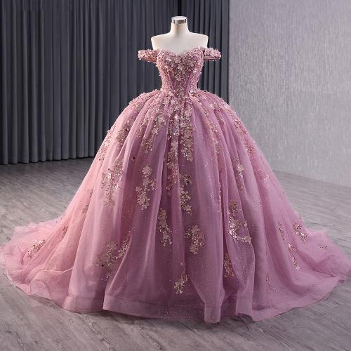 Polyester Off Shoulder Long Evening Dress Gauze floral pink PC