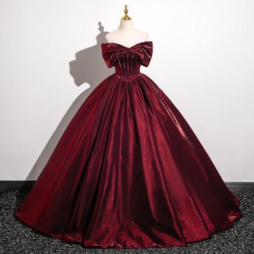 Polyester Off Shoulder & Plus Size & High Waist Long Evening Dress wine red PC