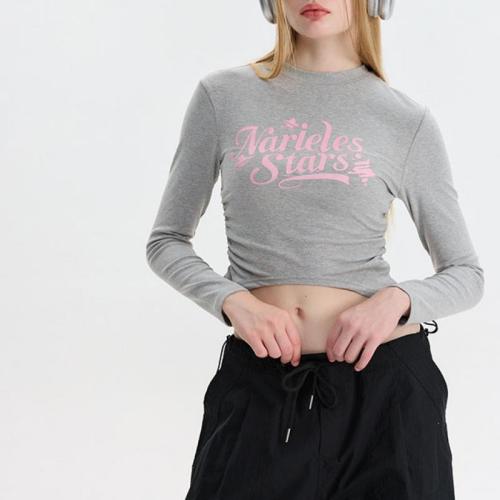Spandex & Cotton Slim Women Long Sleeve T-shirt midriff-baring & slimming printed PC