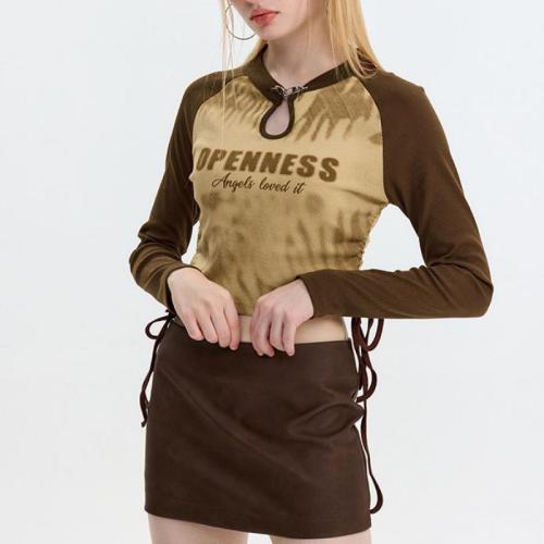 Spandex & Polyester & Cotton Drawstring Design & Slim Women Long Sleeve T-shirt midriff-baring & slimming printed PC