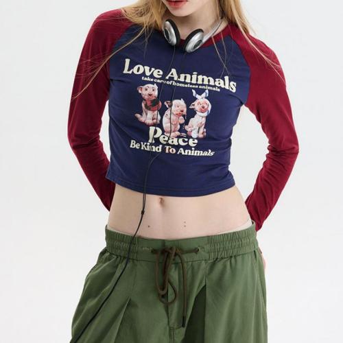 Spandex & Cotton Slim Women Long Sleeve T-shirt midriff-baring & slimming printed PC