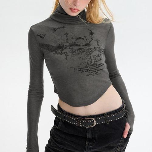 Polyester Slim Women Long Sleeve T-shirt midriff-baring & slimming printed PC