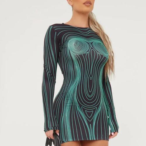 Polyester Slim One-piece Dress printed striped PC