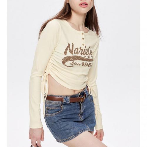 Polyester Drawstring Design & High Waist Women Long Sleeve T-shirt midriff-baring printed PC