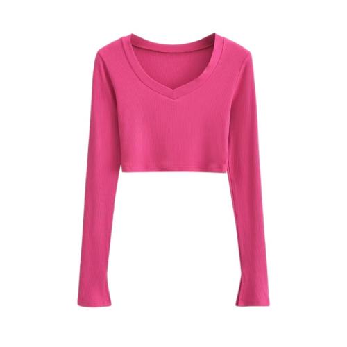 Cotton Slim Women Long Sleeve T-shirt midriff-baring patchwork Solid PC