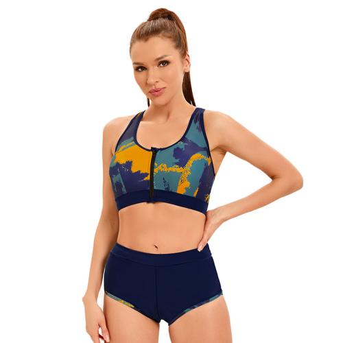 Polyester Tankinis Set & two piece & skinny style deep blue Set